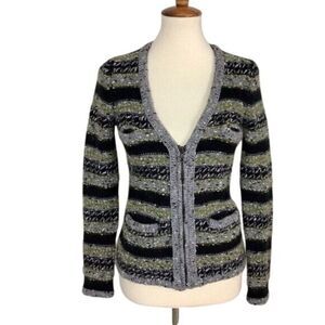 Rag & Bone Womens Striped Knit Cardigan Sweater Black/Green/Gray Wool Blend